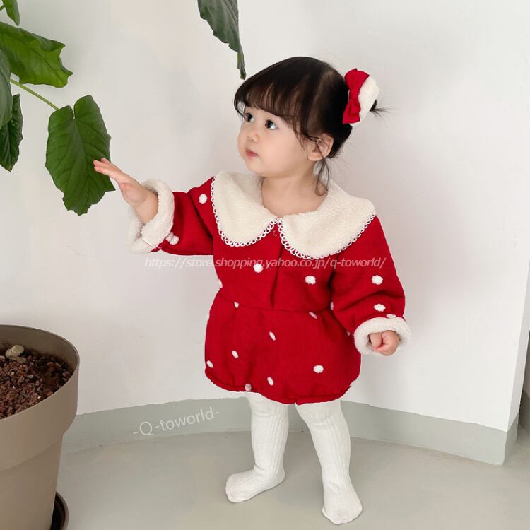 60 100 ロンパース ドット もこもこ ガーリー 洋風 長袖 ベビー服 韓国版 可愛い 女の子 ベビー 子供服 Q Toworld キュートワールド 子供服