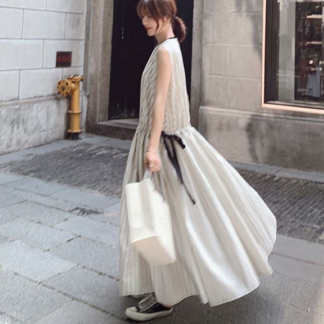 ストライプ ノースリーブ ロングワンピース ストライプブロック