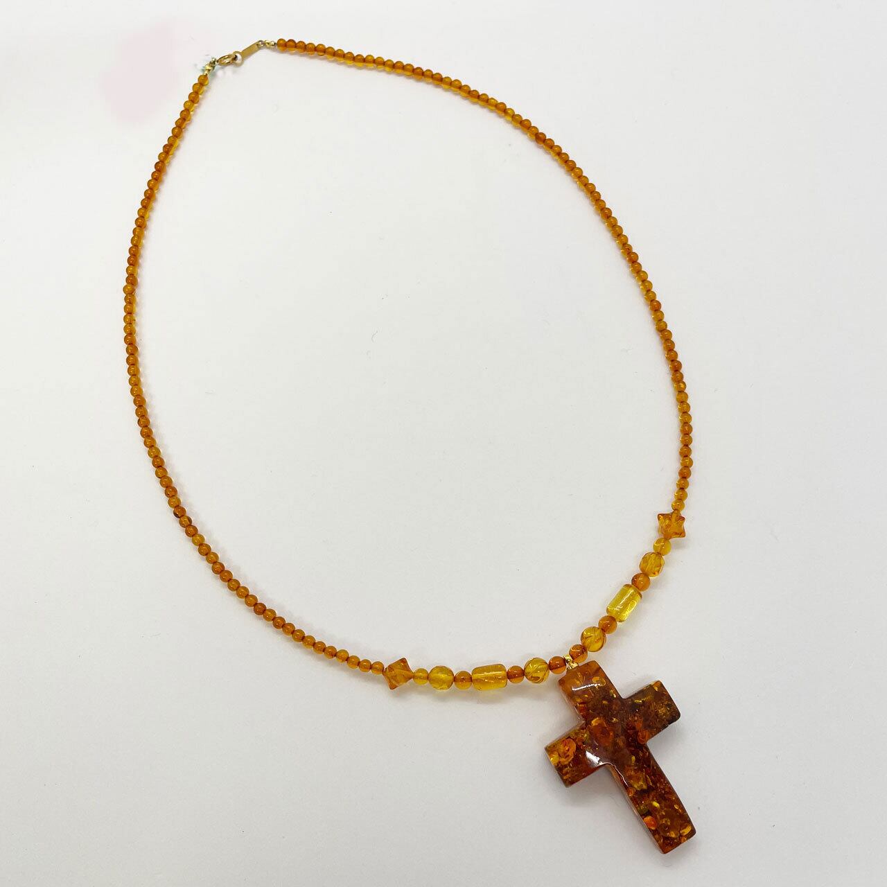 天然琥珀[アンバー]ロザリオネックレス　クロス　十字架ネックレス