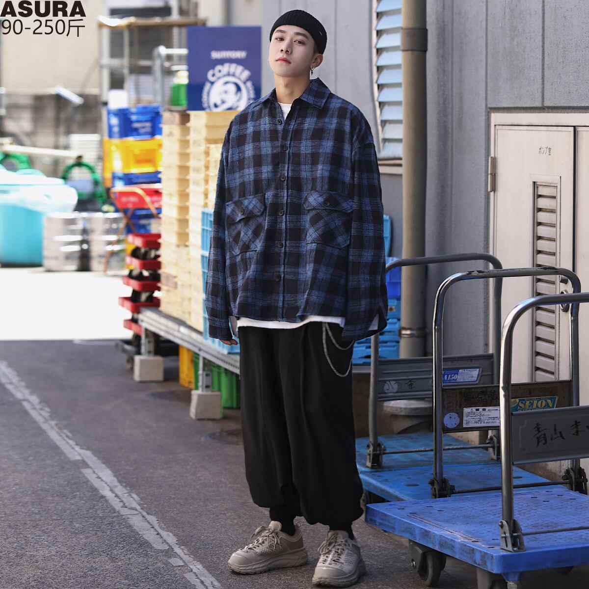 格子柄シャツ ルーズジャケット ロング ストリート 大きめサイズ ASURAプラスサイズメンズ70938998279