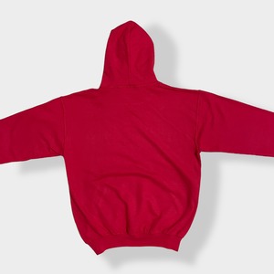 【GILDAN】メキシコ製 HEAVYWEIGHT プリント パーカー 袖ロゴ プルオーバー スウェット フーディー hoodie M 赤 ヘビーウェイト us古着