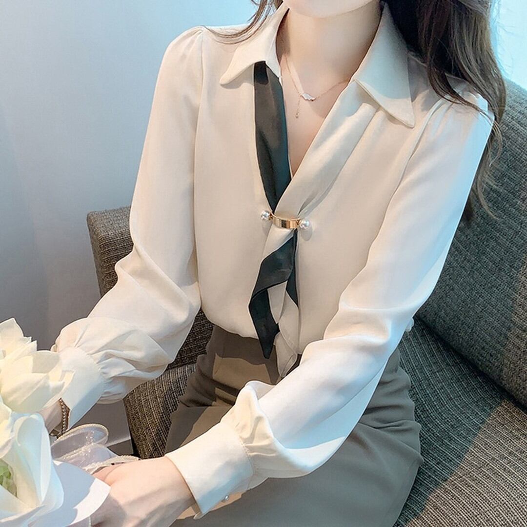 Printed tie long sleeve chiffon shirt(3color) V1612