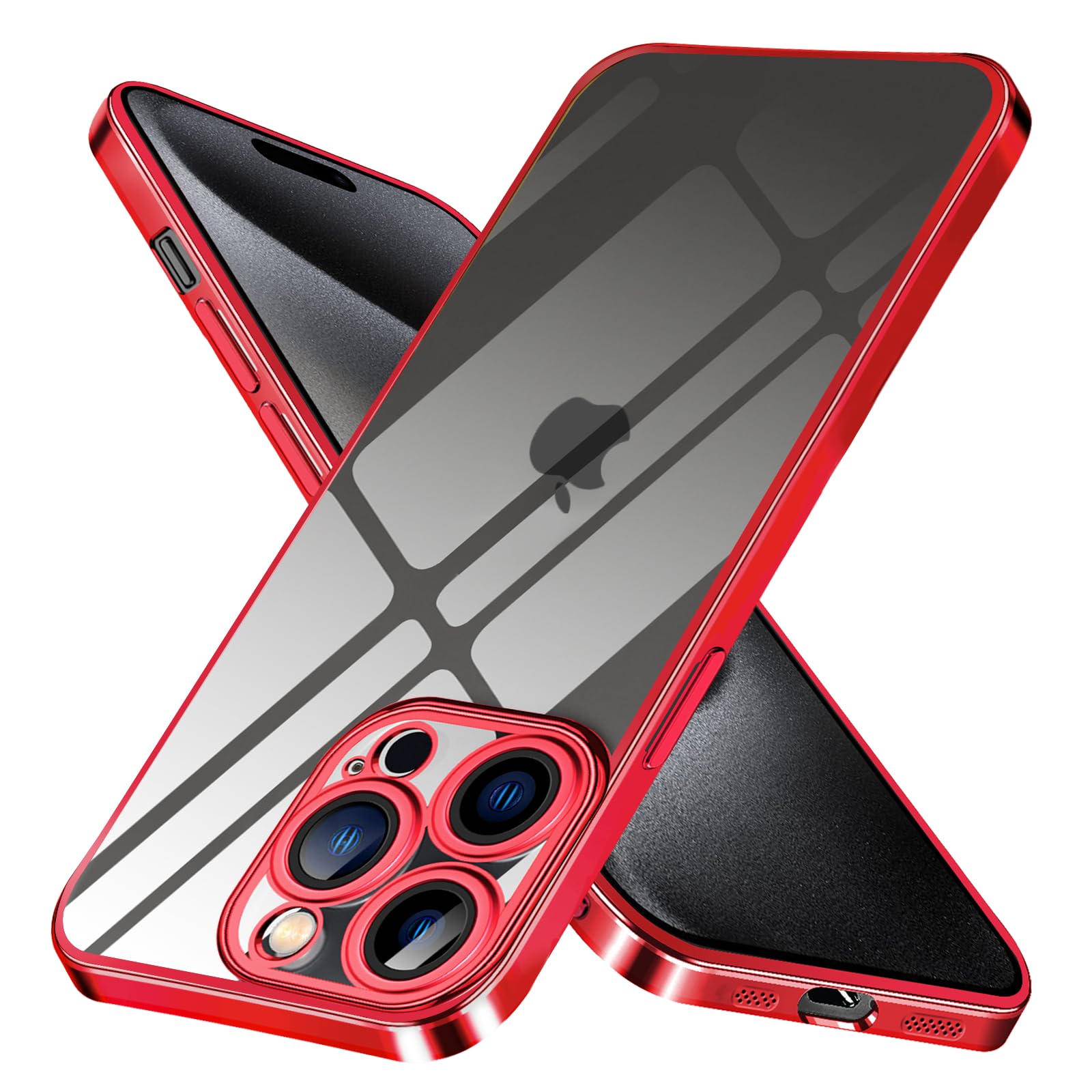 【在庫のみ】iPhone 15 Pro Max 用 ケース クリア レンズ保護 TPU 透明 耐衝撃 軽量「改良モデル」 2023新型 ストラップホール付き ワイヤレス充電 アイフォン 15pro max 用 カバー 6.7インチ スマホケース レッド