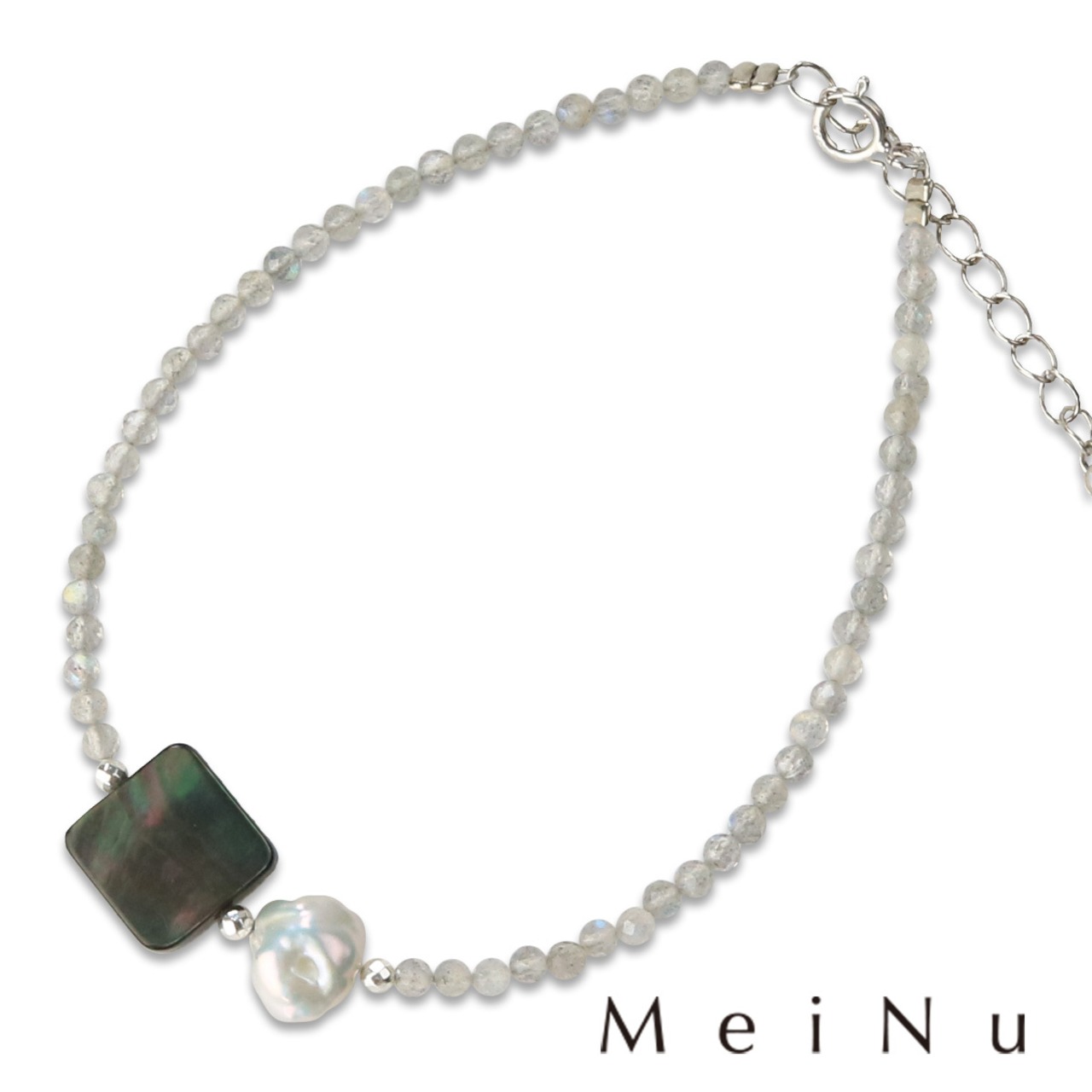 虹色の遊色効果が素敵！ ラブラドライト & パール & シェル シルバーブレスレット br1009