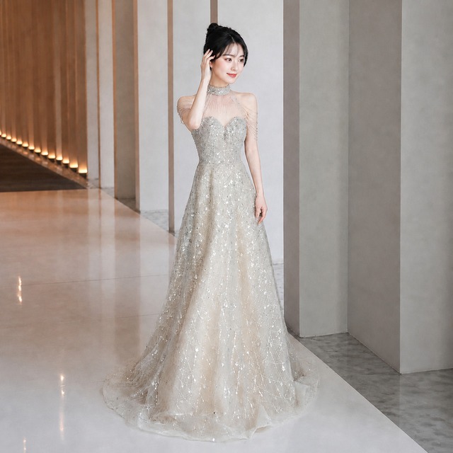 Beaded Decoration High Neck Long Dress V3516