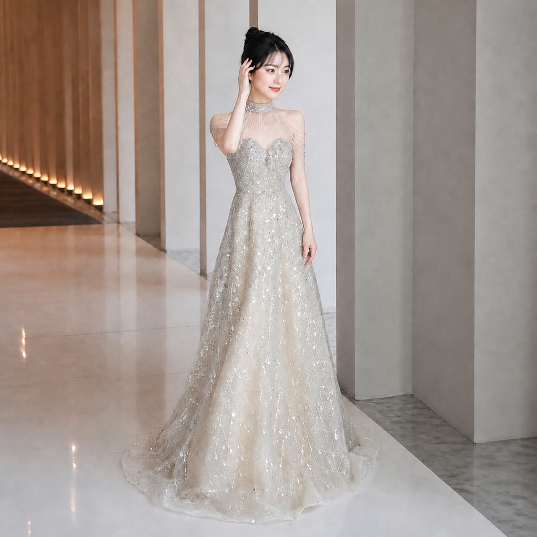 Beaded Decoration High Neck Long Dress V3516