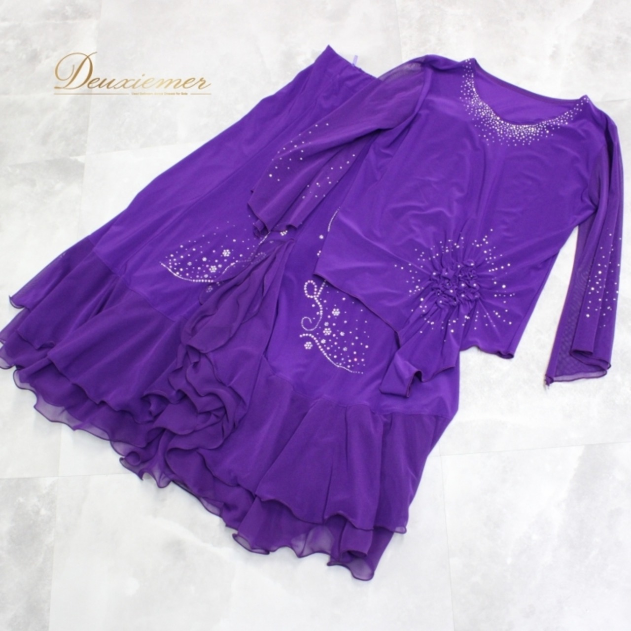 社交ダンス 衣装 スタンダード 上下セット ツーピース パーティ衣装 女性用 レディース オールシーズン ACROSS パープル系 紫 ラインストーン レース パーティー ダンス衣装 練習着 フォーマル ストレッチ スカート ワンピース 衣装セット かわいい おしゃれ ゆったり 派手 おすすめ 日常使い 発表会 ヨガ フィットネス 上下セットアップ 輝き ラメ 光沢 透け感
