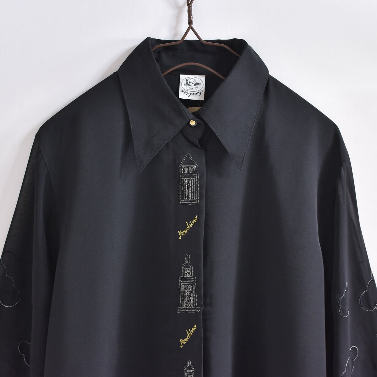 Used 717 Menjo 刺繍デザイン シアースリーブ ポリエステルシャツ ヴィンテージ 銀糸 ブラック 透けシャツ レディースL~相当