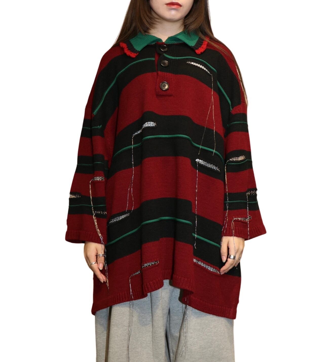 KIDILL OVERSIZD BORDER POLO KNIT COLLAB WITH rurumu:(BLACK × DARK