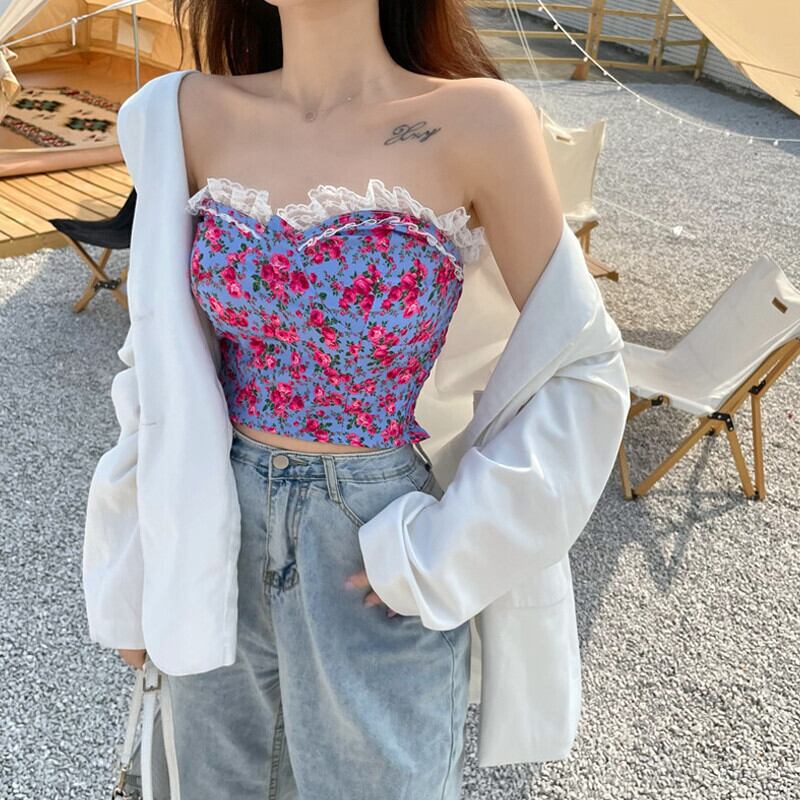 レーストップス フローラルサマーウェストショートノースリーブ ストリート 夏物 花柄 ステッチ ガールズファッション65118468389