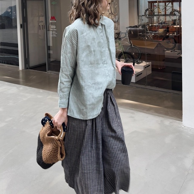 ストライプシャツ スタンドカラー ロングスリーブ   00244