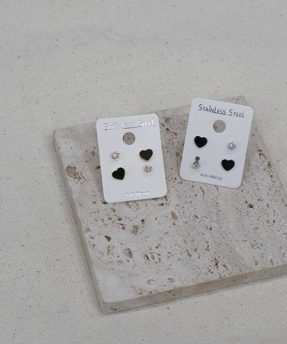 【SELECT】サージカルステンレス 316L キュービック ジルコニア ハート ピアスセット  金属アレルギー対応