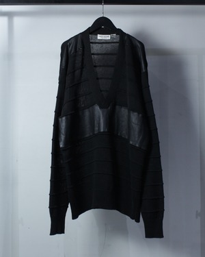【Caka BLACK】80’s “LORIS AZZARO” Leather Switching Vintage V Neck Knit
