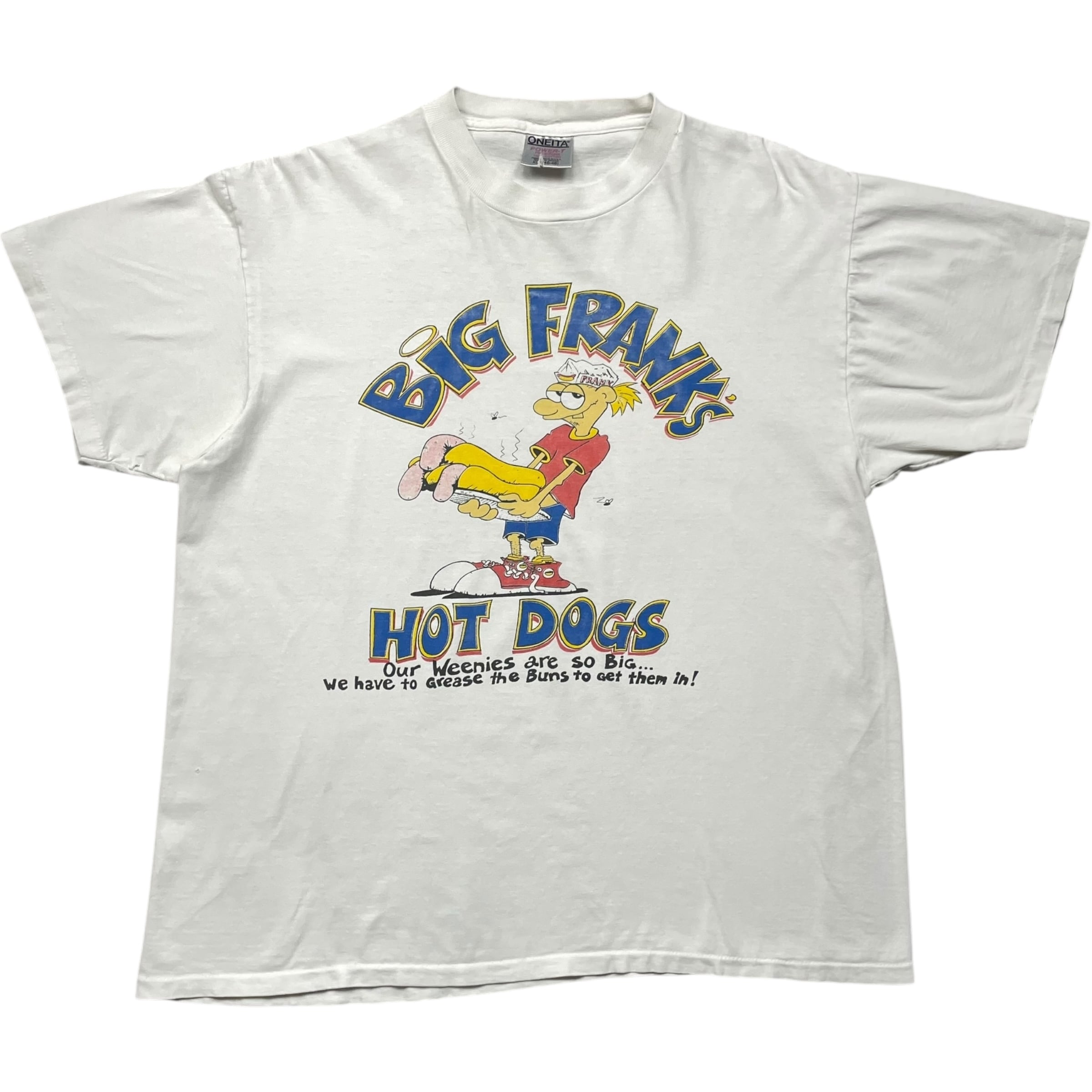 《XL》 ONEITA オニータ Tシャツ BIG FRANKS HOT DOGS」という架空のホットドッグ店 プリント ホワイト USA製 90年代 vintage no.8618