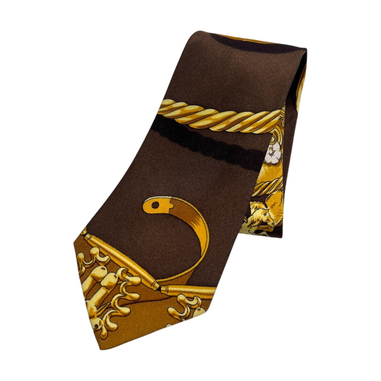 HERMES エルメス ネクタイ スカーフデザイン柄 /ゴールド系/ビンテージ/フランス製/シルク100%