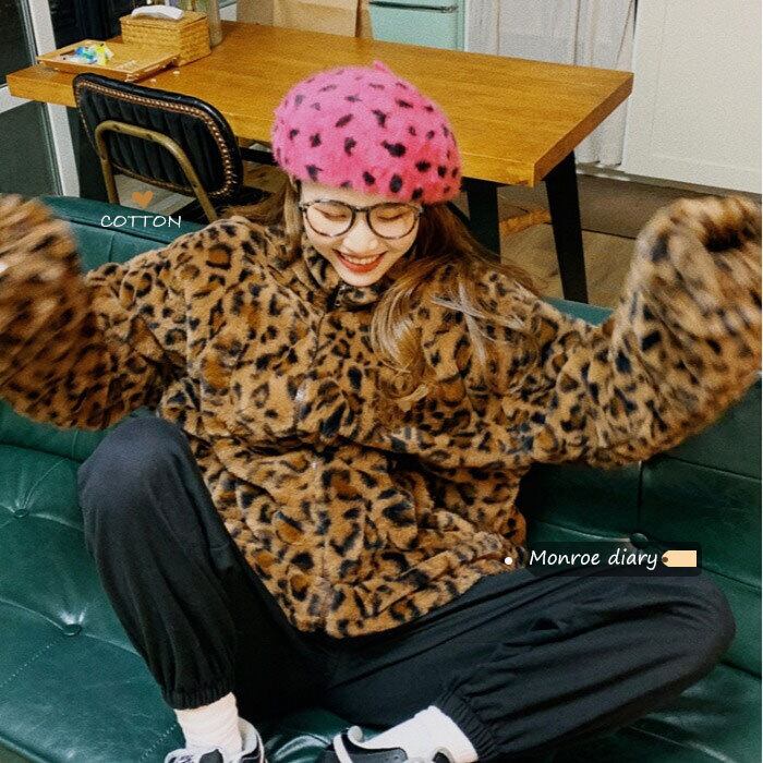 スタンダードレオパードパターンベルベットジャケット レディースオータムウィンタートップス レトロ ストリート ふわふわ 秋物 冬物 モンロー11776806590