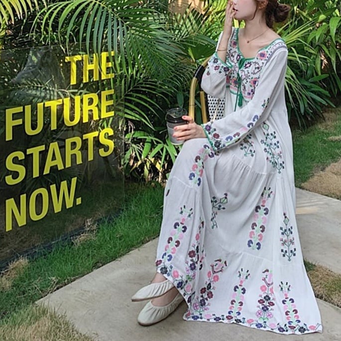 ボヘミアン刺繍マキシ丈ワンピース（ホワイト） | alegre