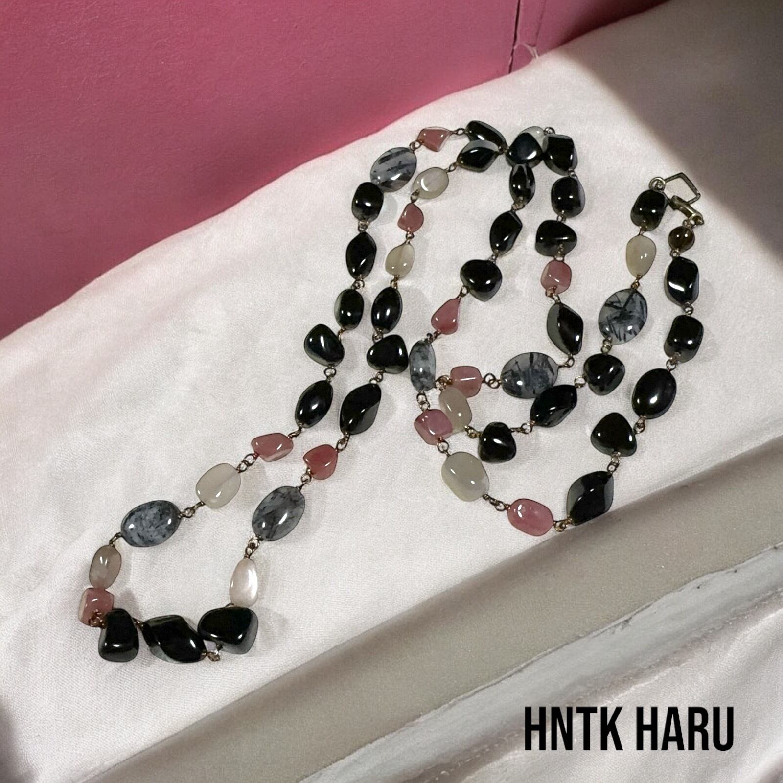 ルチルクォーツとオニキスロングネックレス HNTK ブラックルチルクォーツ＆オニキス ロングネックレス N0712