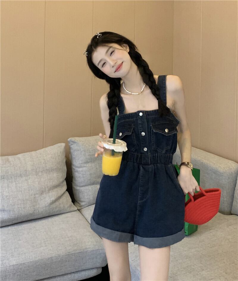 ワイドレッグで 美脚見せ ハイウエスト オーバーオール デニムサロペット デニム ショートパンツ ショーパン スタイルアップ カジュアル 古着ライク Lamitte Deco トレンド 韓国ファッション ショップ Base店