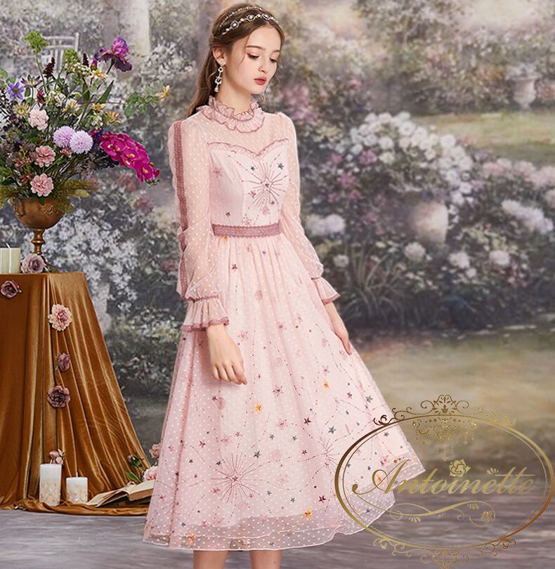 星 夢の世界 可愛い ワンピース レディース キラキラ パステルカラー ピンク ドレス Ladies One Piece Dress Star Pink Dream Cute Antoinette