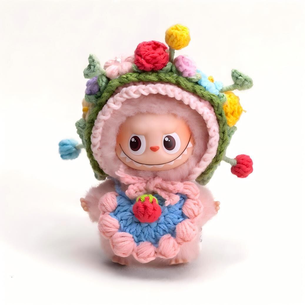 ラブブ 4代対応 カラフル 手編みスタイ＋お花ニット帽 Labubu