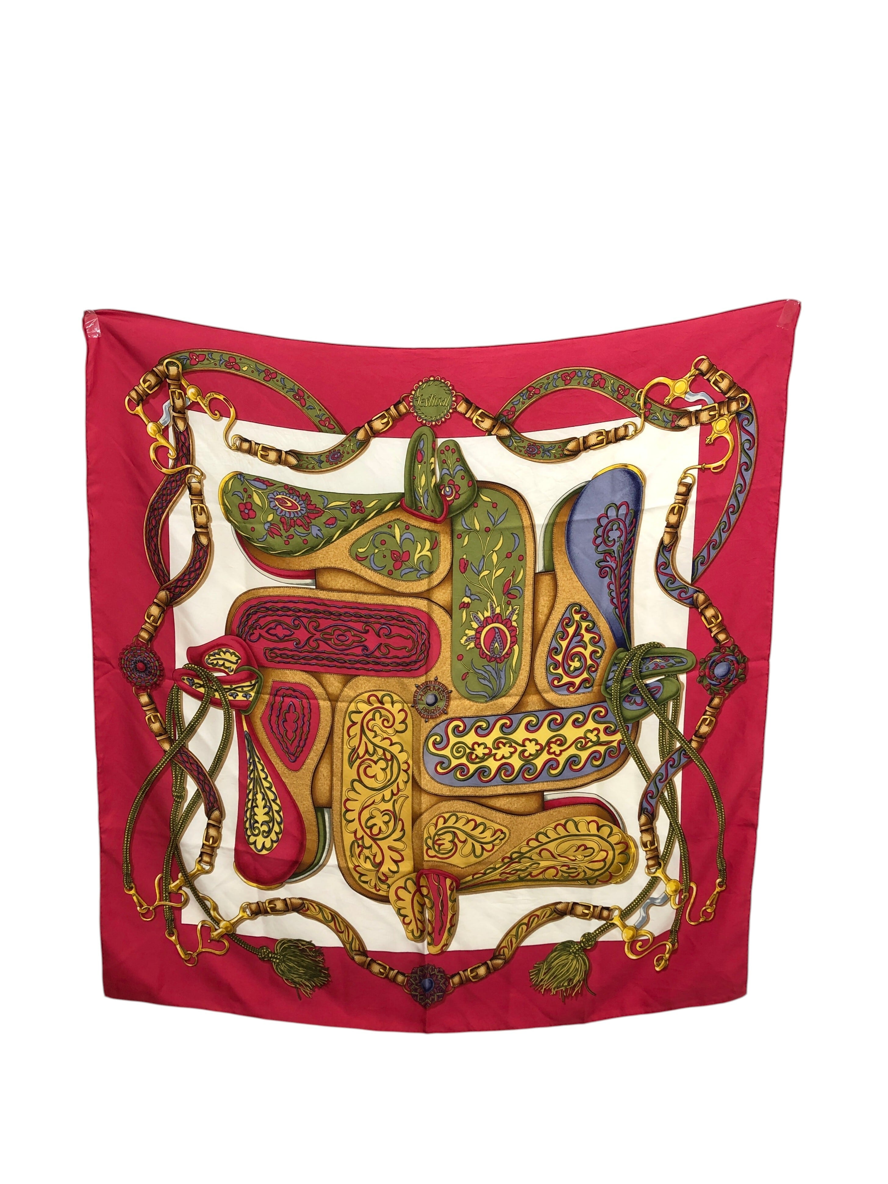 HERMES エルメス スカーフ レッド ベルトモチーフ カレ90 シルク ESTIVAL vintage ヴィンテージ オールド 42vybt