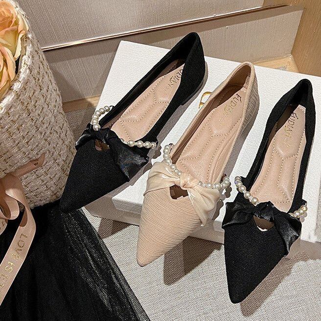 パンプス レディース 2色 ポインテッドトゥパンプス ぺたんこパンプス ペタンコ ポインデットトゥ リボン パール PU かわいい 大人可愛い きれいめ シンプル カジュアル 上品 エレガント 清楚 おしゃれ 綺麗 お嬢様 おとな ナチュラル キュート ガーリー 22.5cm 23.0cm 23.5cm 24.0cm 24.5cm アプリコット ブラック 無地 春 秋 OL 通勤 学生 通学 デート お出かけ 女子会 パーティー カフェ巡り 街歩き 10代 20代 30代 ママ 韓国系 モテ 送料無料