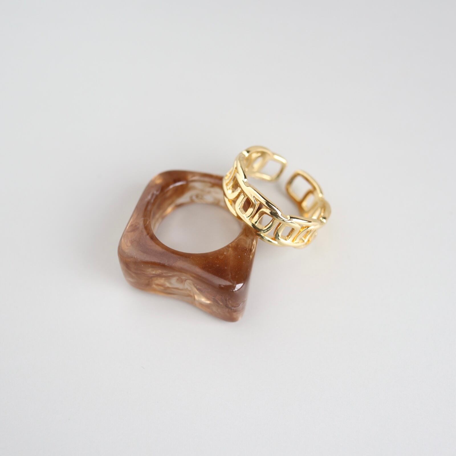 【2点セットリング】マーブルブラウン✖️スクエアゴールド