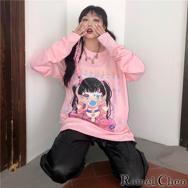 お支払い確認後日以内発送 Romelcheo かまってちゃん 長袖 Tシャツ ロンt ロング 病みかわいい イラスト レディース 原宿系 個性的 青文字系 ガーリー メンヘラ女子 カジュアル ファッション ロメルチェオ Romelcheo