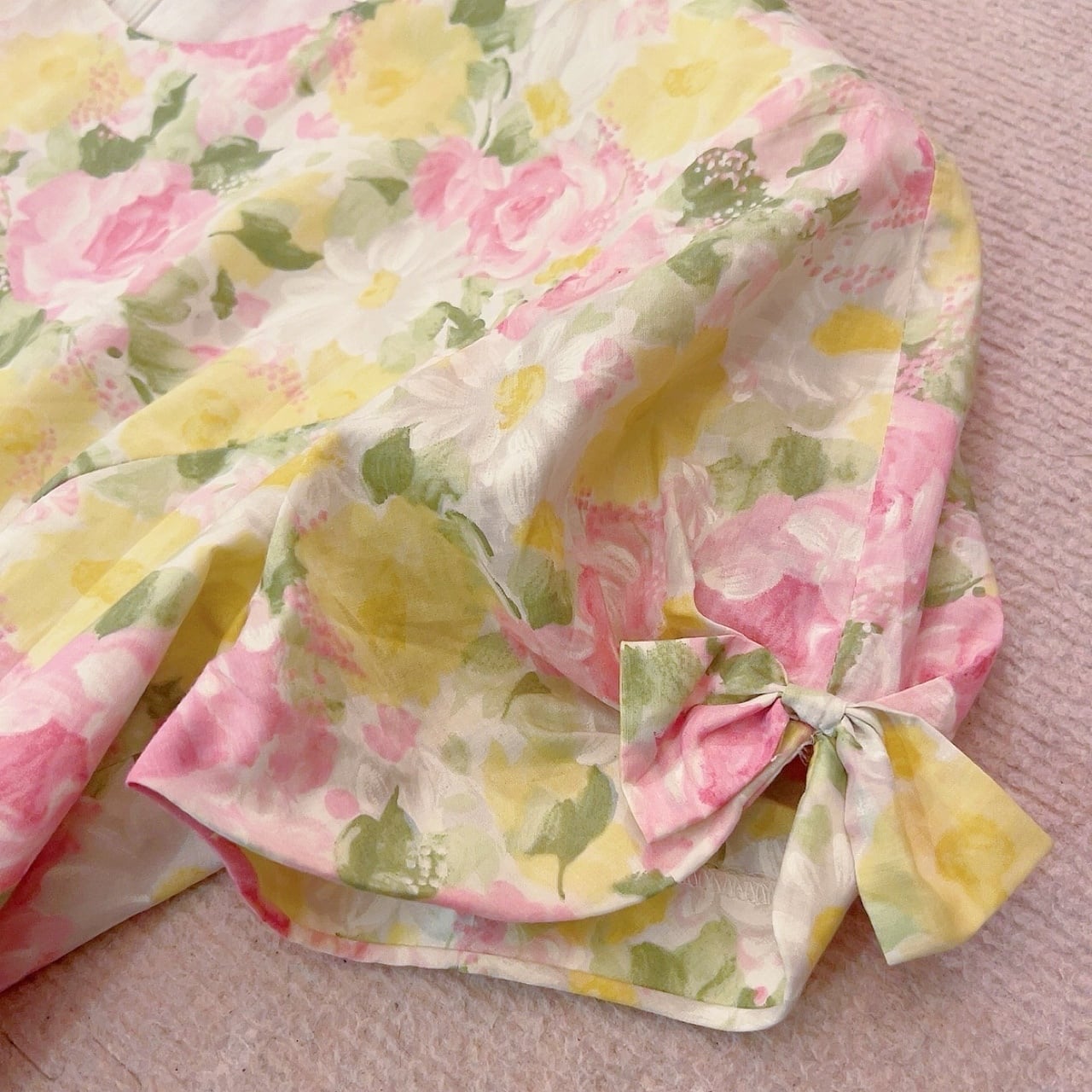 yellow pink flower ribbon sleeve one-piece