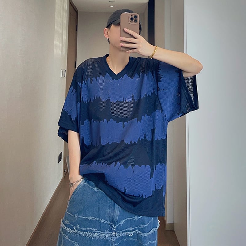 dannyandzeeタイダイ染めメッシュ編みVネック半袖Tシャツ | mblueshop