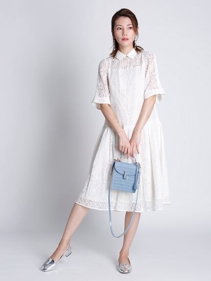 レディース ワンピース ドレス 襟付き 半袖 五分袖 袖あり 花柄 レース