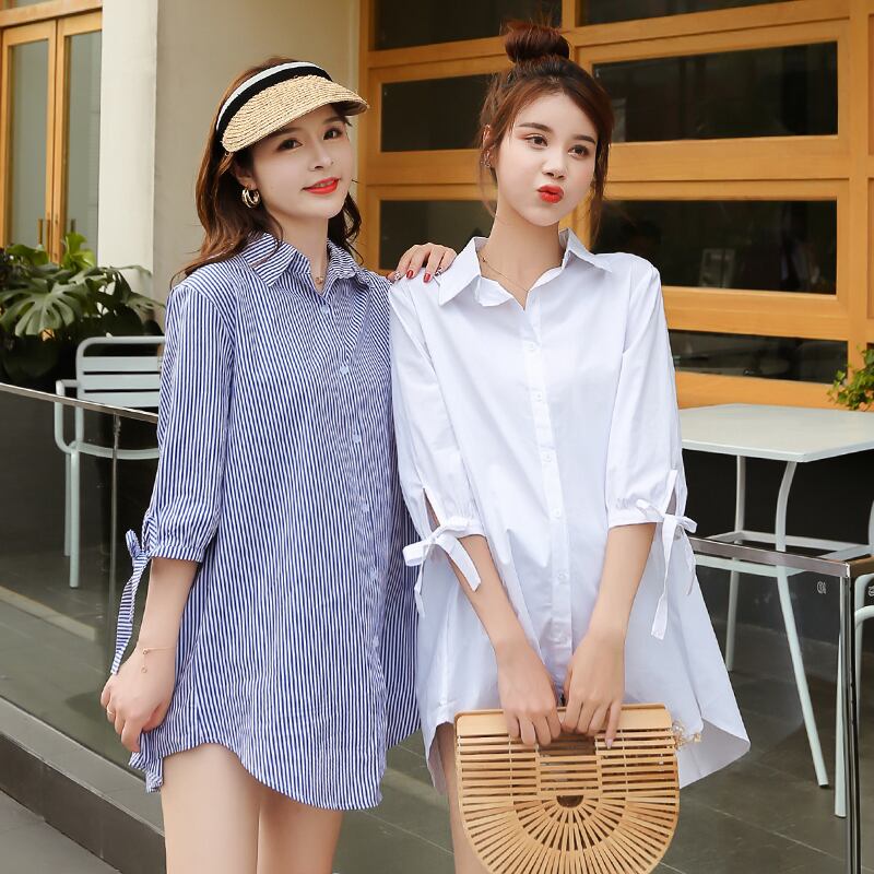 【新作】【送料無料】 2019春夏ロングルーズマタニティターンダウンコラット七分袖妊婦コトンストライプシャツマル スプリング 春物 サマー 夏物 AL expec316542998834