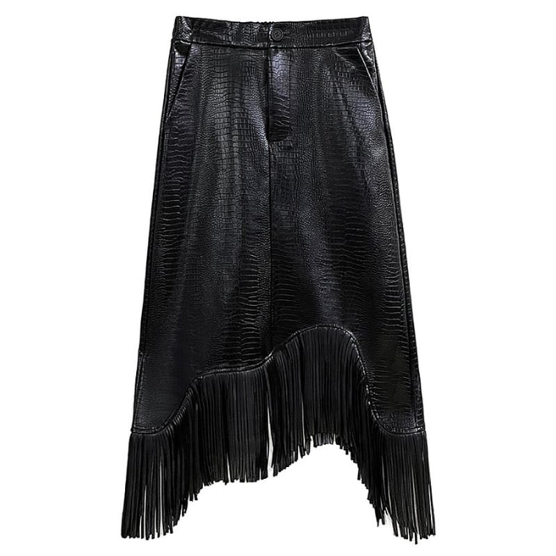 Asymmetrical fringe hem skirt V1658