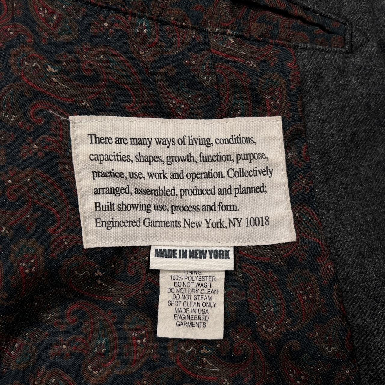 Engineered Garments エンジニアードガーメンツ 裏地ペイズリー チェンジポケット テーラードジャケット S/チャコールグレー/USA製/アメリカ製