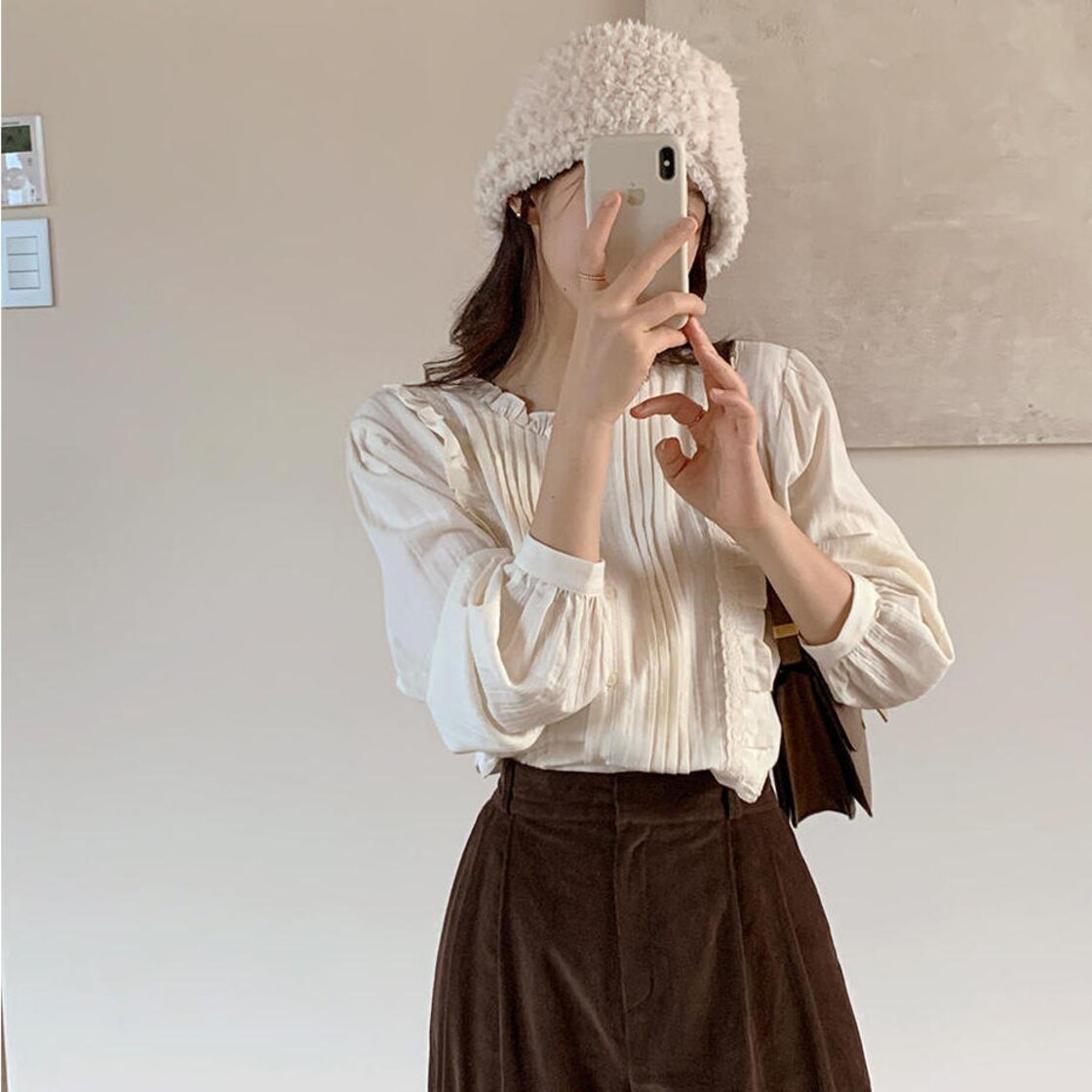 フレンチ シフォン ブラウス フリル襟 ボリューム袖 上品 白シャツ 
