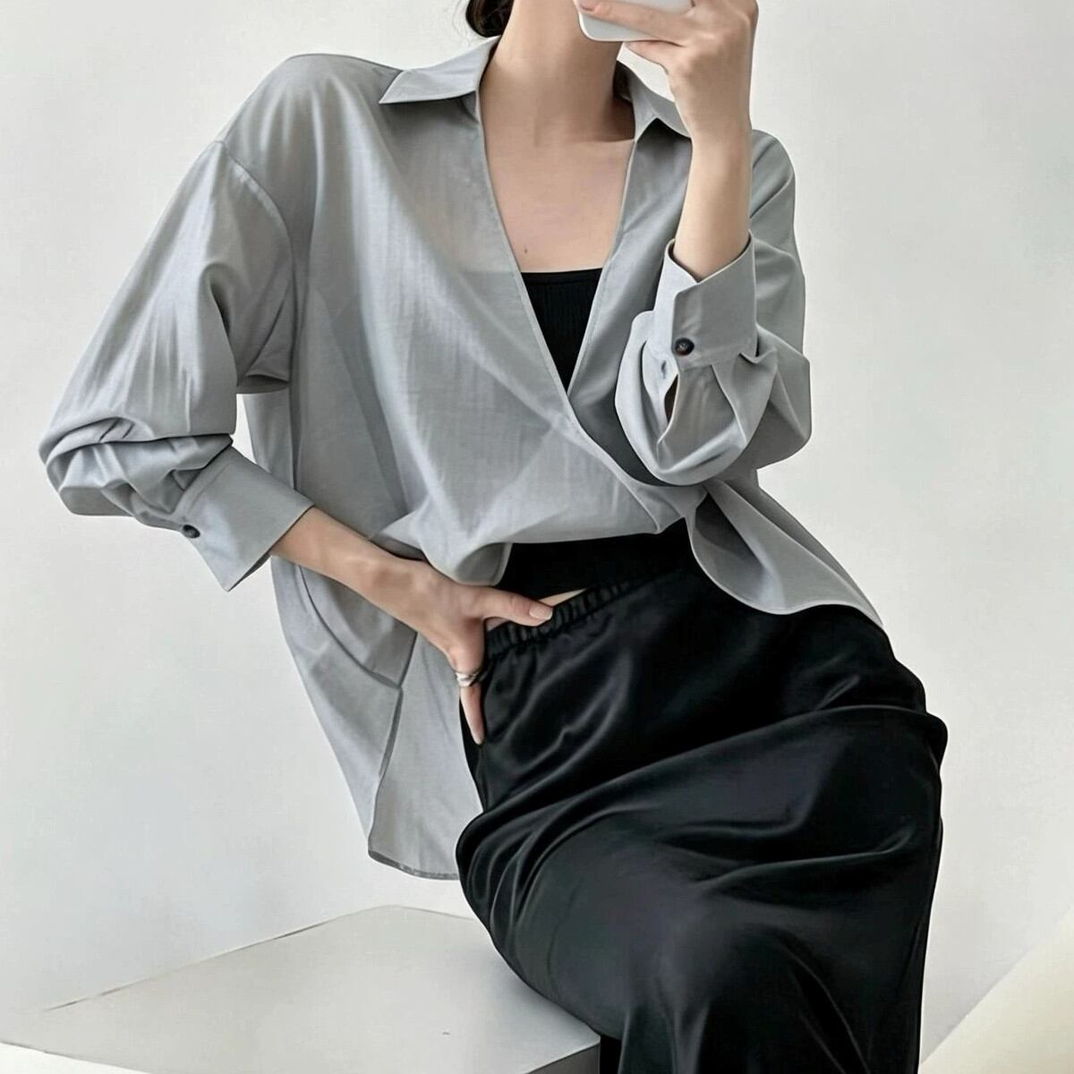 Button Front Oversized Sheer Shirt(3color) V3743