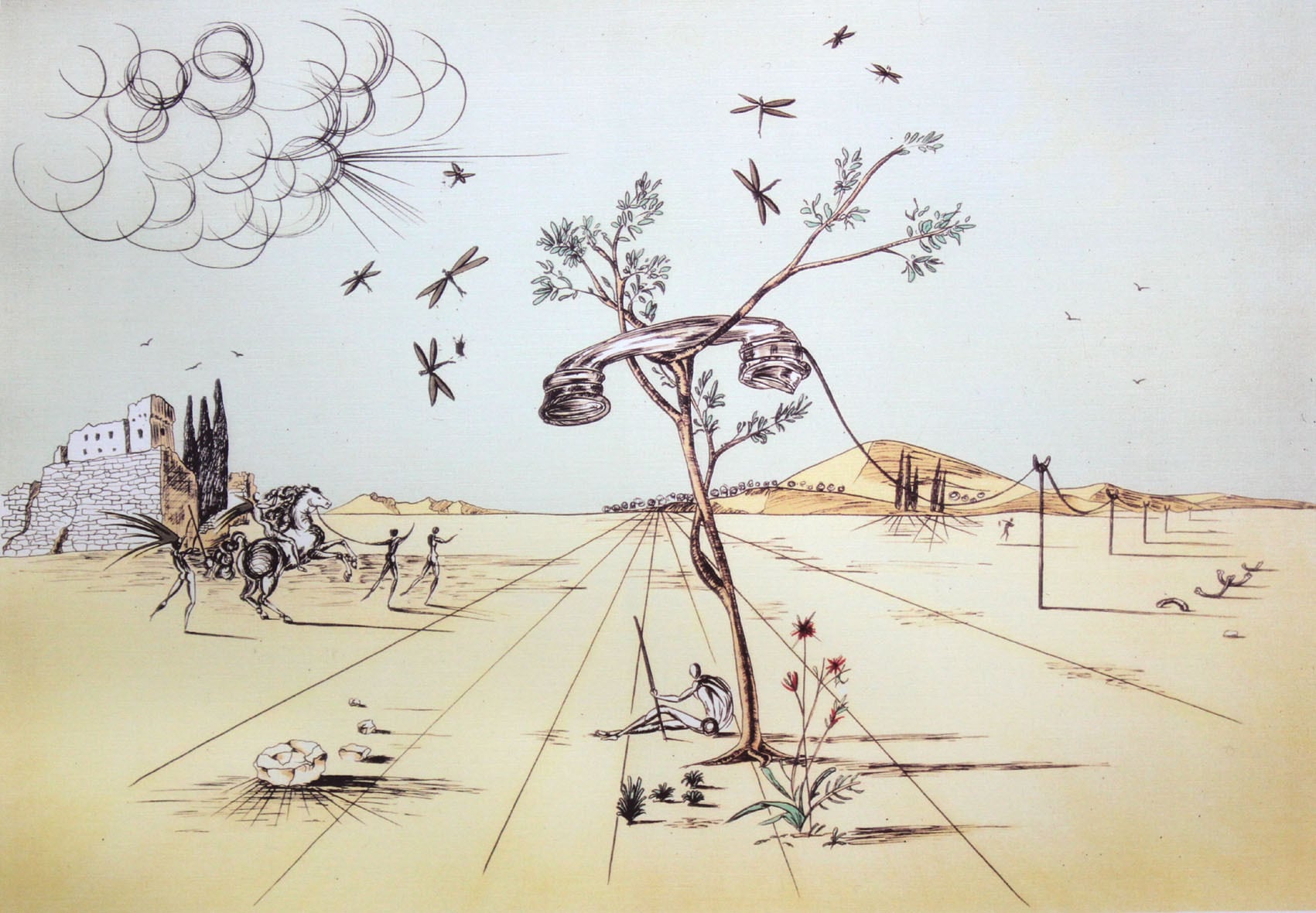 サルバドール・ダリ「砂漠の電話」作品証明書・展示用フック・限定500部エディション付複製画リトグラフ