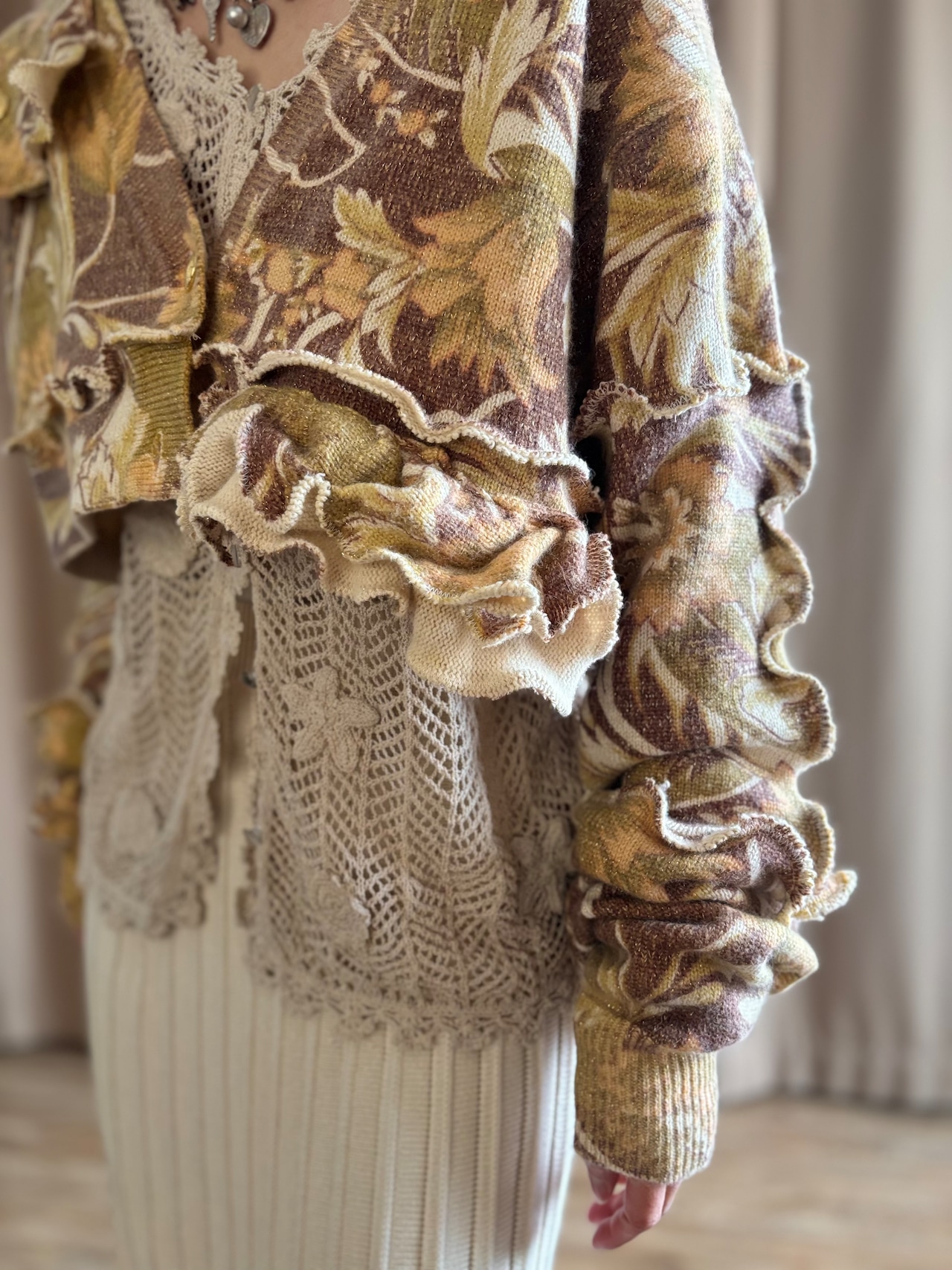 floral pattern frill remake knit cardigan-5152-2