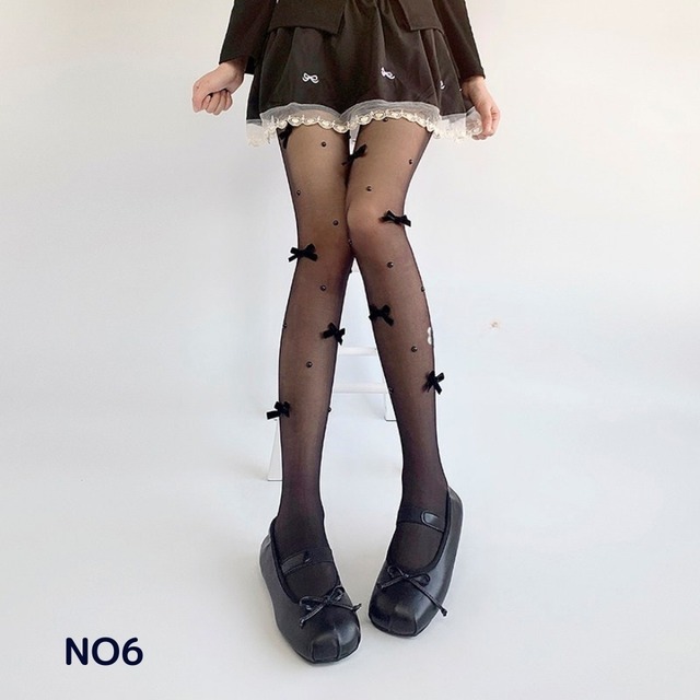ロリータ タイツ リボン付き 透け感ストッキング