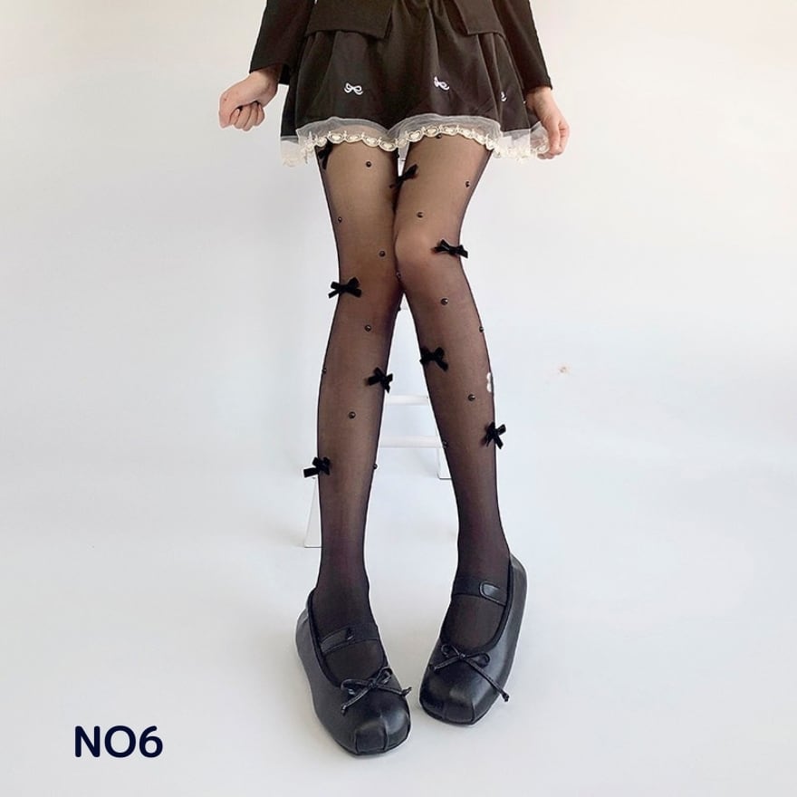 ロリータ タイツ リボン付き 透け感ストッキング