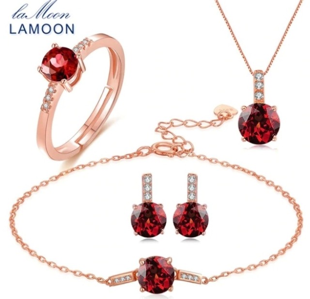 LAMOON　お得　ジュエリー４点セット　ピアス・リング・ブレスレット ・ネックレス　 2ct 天然赤ガーネット 　925 スターリングシルバー　 S925　女性　SKU-358