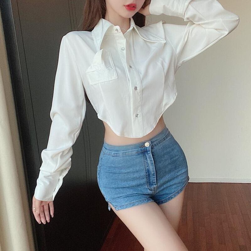 ホワイトシャツ オータムウェストクロップドショートトップス ロング 秋物 ガールズファッション8871539280