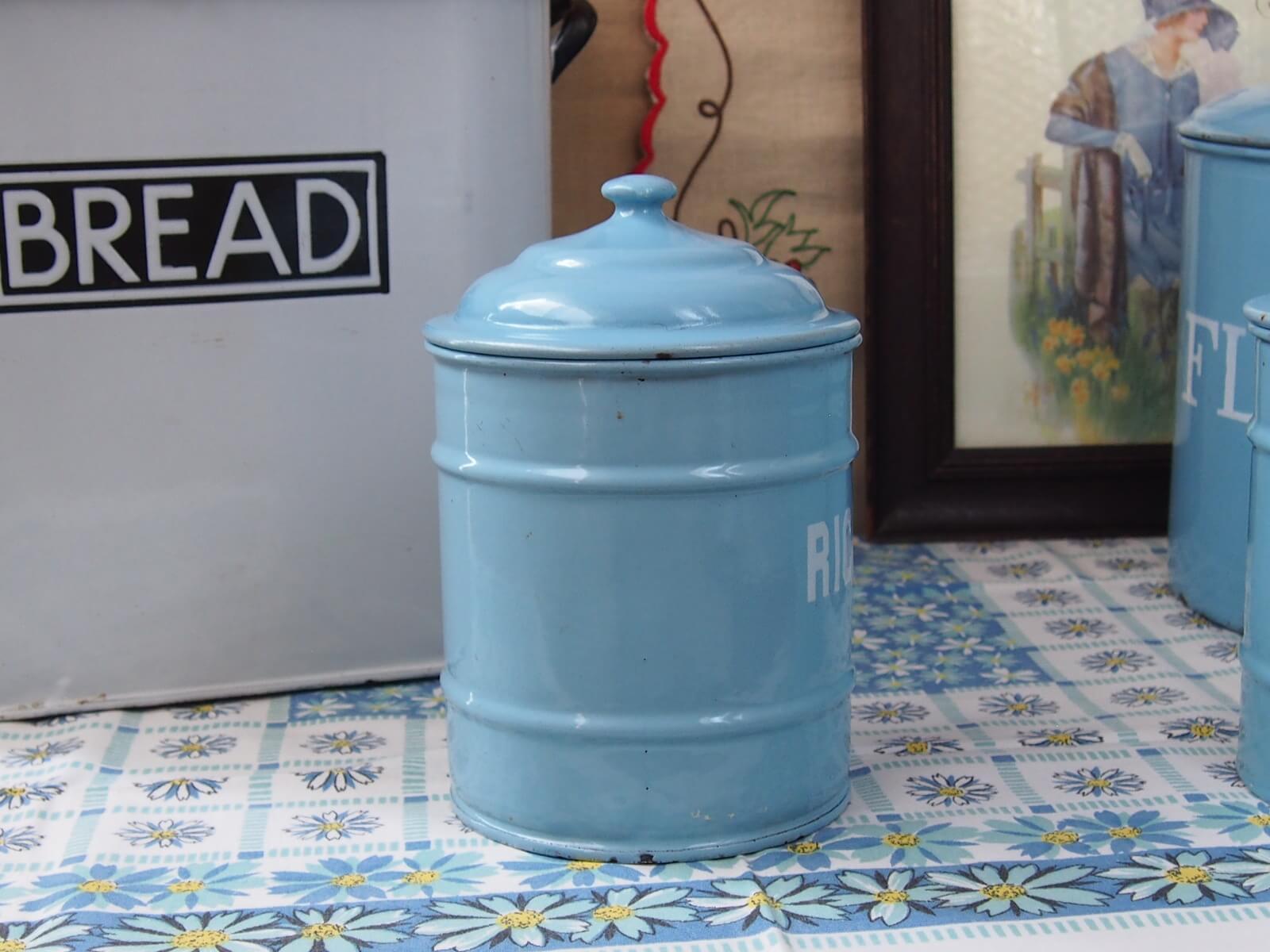 トップ レア イギリスアンティークホーロー缶2段ロゴキャニスター レア