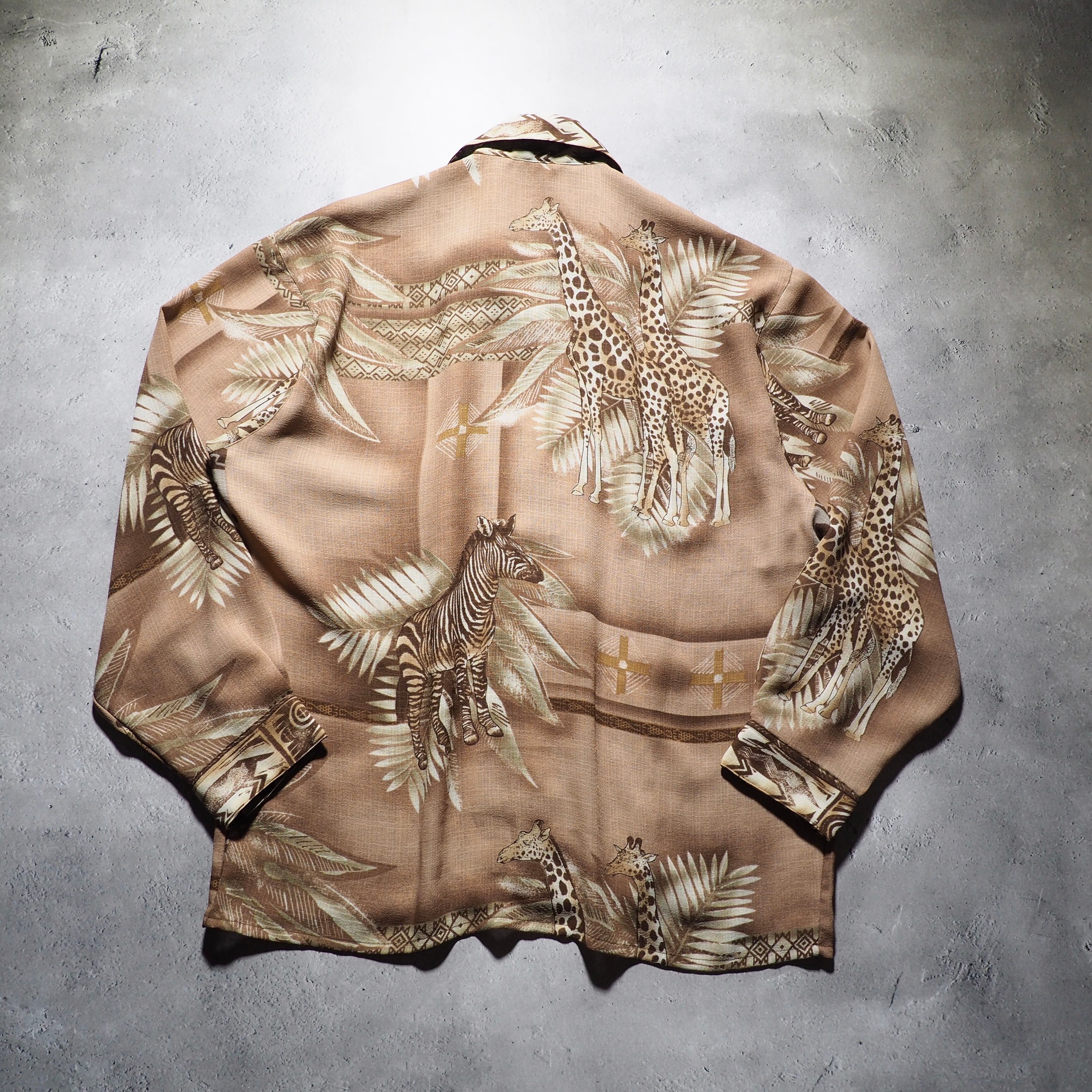 1990s African Sepia animal full pattern Design vintage Drape loose shirt