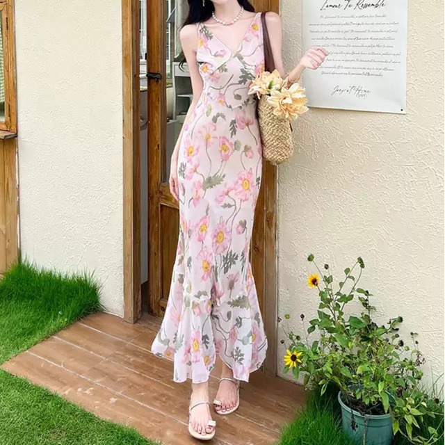 V neck elegant floral long dress