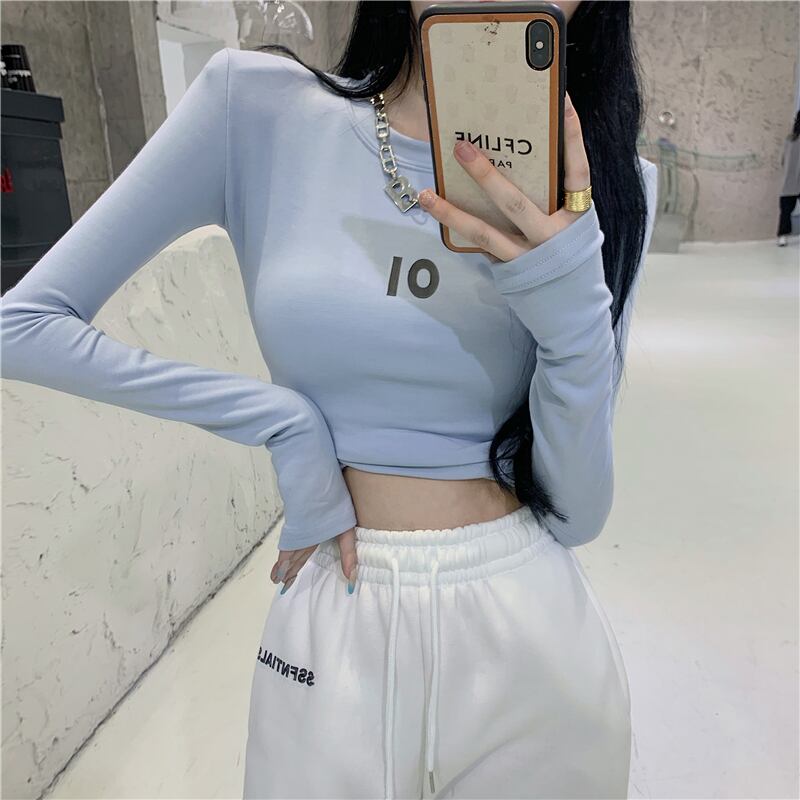 Tシャツ シャツ ハイウェストウェストショートオータムウィンタースリムブルートップス ロング 秋物 冬物 ブラックストロベリース68293219453