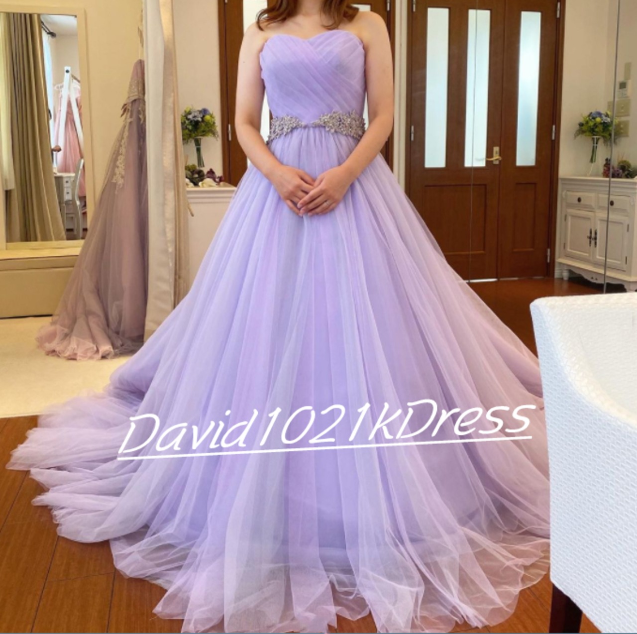 高品質！ カラードレス パープル/紫 ソフトチュール ベアトップ  