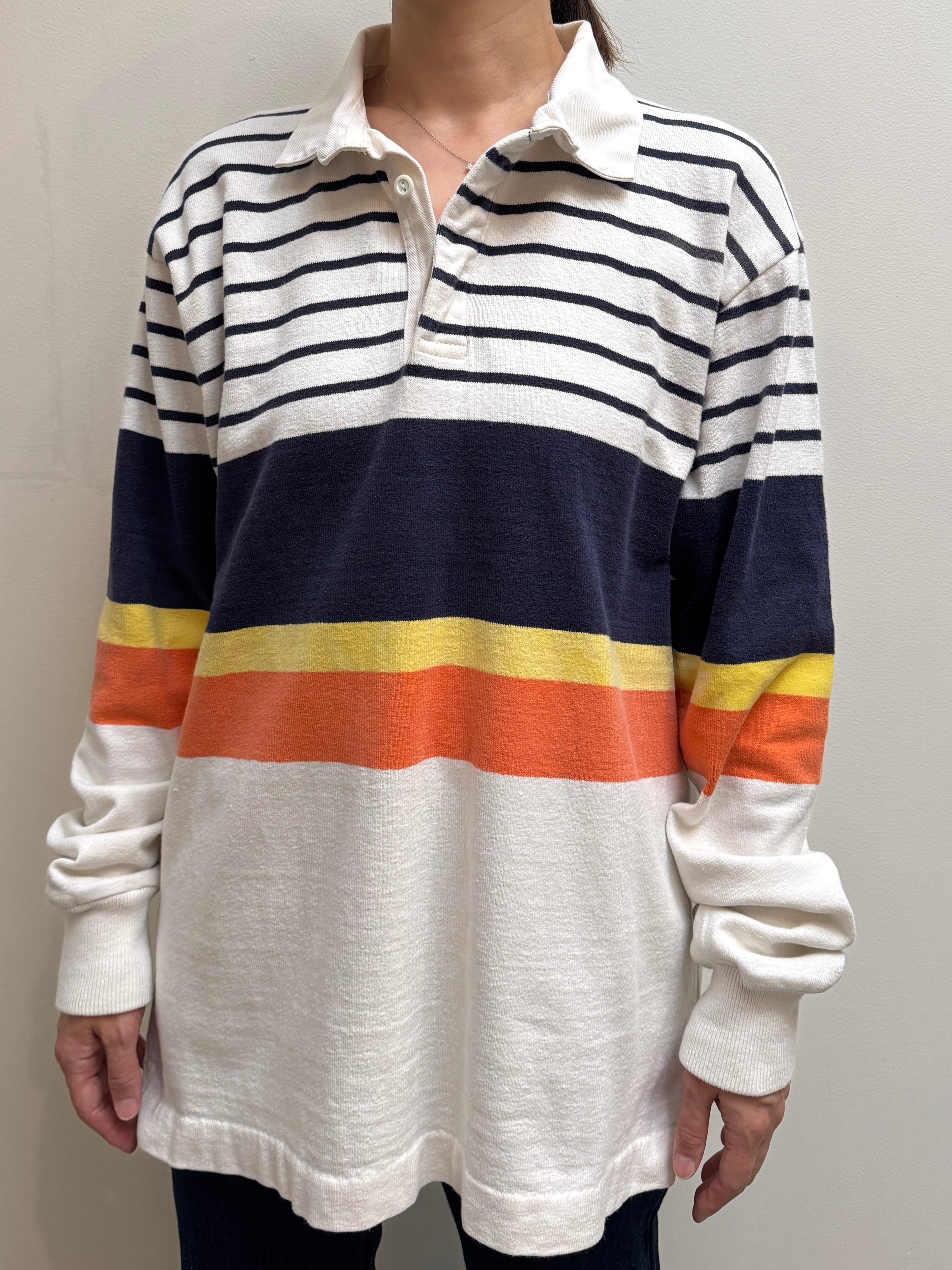 CU16-6 USED 90s LANDS' END RUGBY SHIRT "USA製" -ORANGE×NAVY-