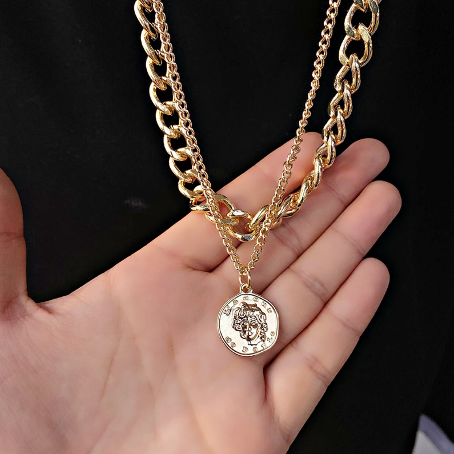 送料無料 華やかに 映える 2連 チェーン ネックレス コイン トップ アクセサリー ペンダント オシャレ 大人っぽ Lamitte Deco トレンド 韓国ファッション ショップ Base店